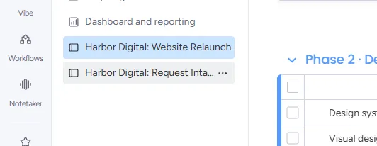 Step 1 of the guide: the board “Harbor Digital: Request Intake” highlighted in a monday.com sidebar, with the pointer on it.